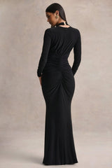 Tami | Black Plunge-Neck Long Sleeve Maxi Dress