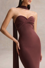 Sheila | Dark Brown Bandeau Maxi Dress With Scarf Detail
