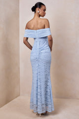 Elinor | Powder Blue Lace Bardot-Neck Maxi Dress With Gathered-Detailing