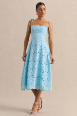 Anna | Embroidered Powder Blue Square-Neck Midi Dress