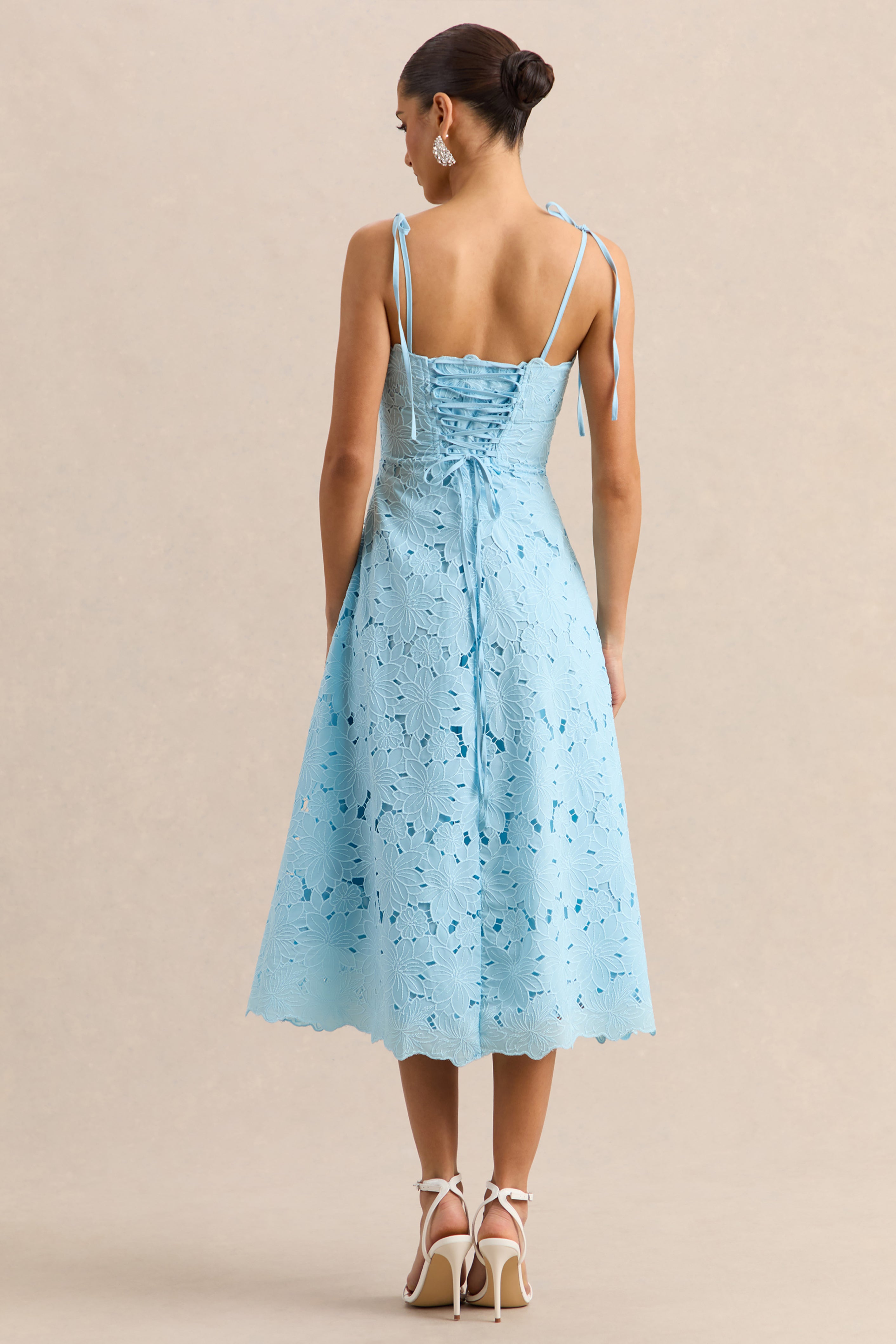 Anna | Embroidered Powder Blue Square-Neck Midi Dress