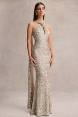 Renelle | Gold Sequin Halter-Neck Maxi Dress