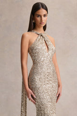 Renelle | Gold Sequin Halter-Neck Maxi Dress