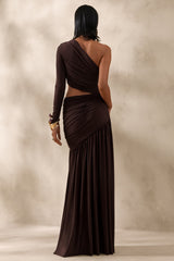 Kinsley | Brown Asymmetric-Neck Maxi Dress With Body Cut-Out Detail