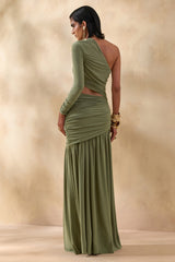 Kinsley | Olive Asymmetric-Neck Maxi Dress With Body Cut-Out Detail