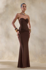 Elodia | Brown Bandeau Maxi Dress With Gathered-Detailing