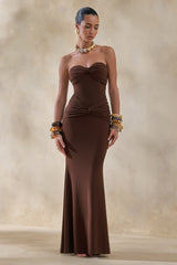 Elodia | Brown Bandeau Maxi Dress With Gathered-Detailing