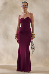 Elodia | Burgundy Bandeau Maxi Dress With Gathered-Detailing