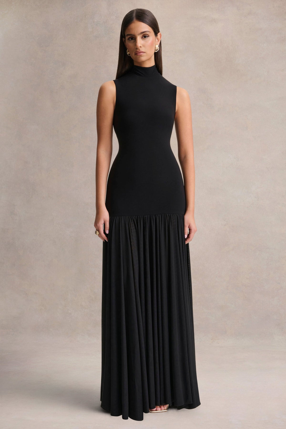 Gigi | Black High-Neck Maxi Dress With Drop-Waist And Sheer Skirt