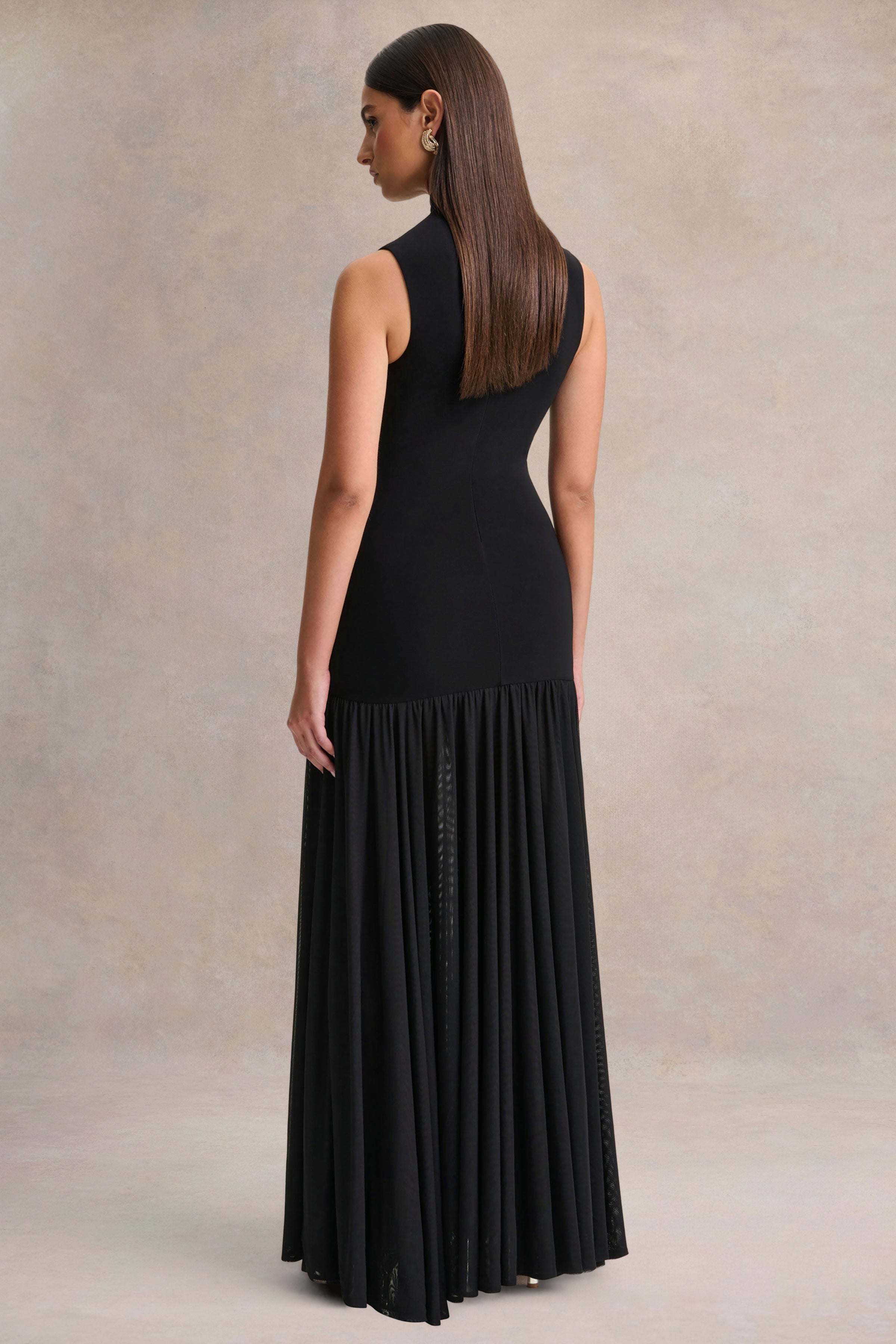 Gigi | Black High-Neck Maxi Dress With Drop-Waist And Sheer Skirt