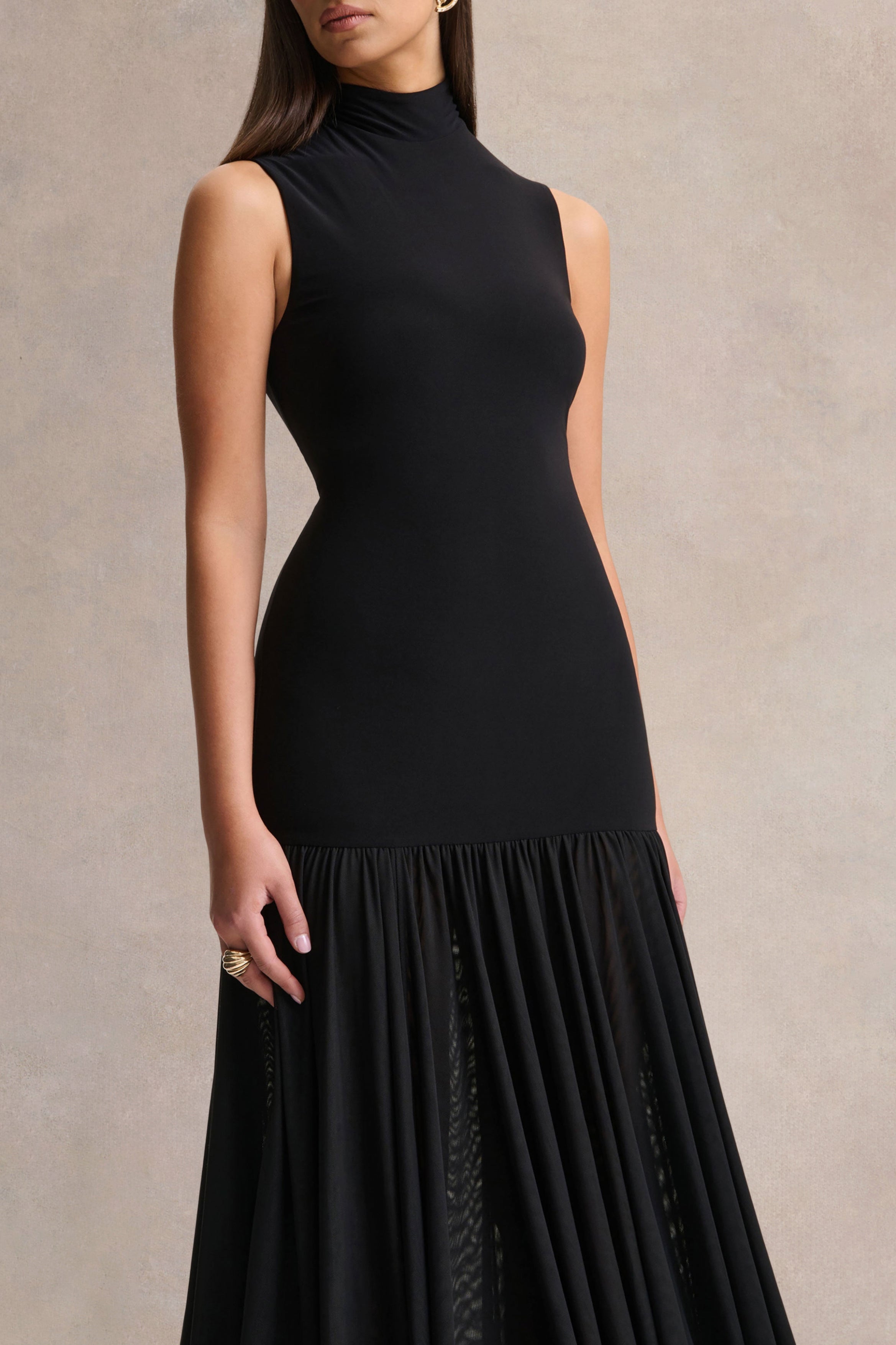 Gigi | Black High-Neck Maxi Dress With Drop-Waist And Sheer Skirt