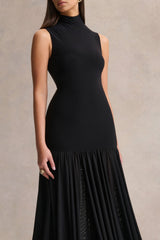Gigi | Black High-Neck Maxi Dress With Drop-Waist And Sheer Skirt