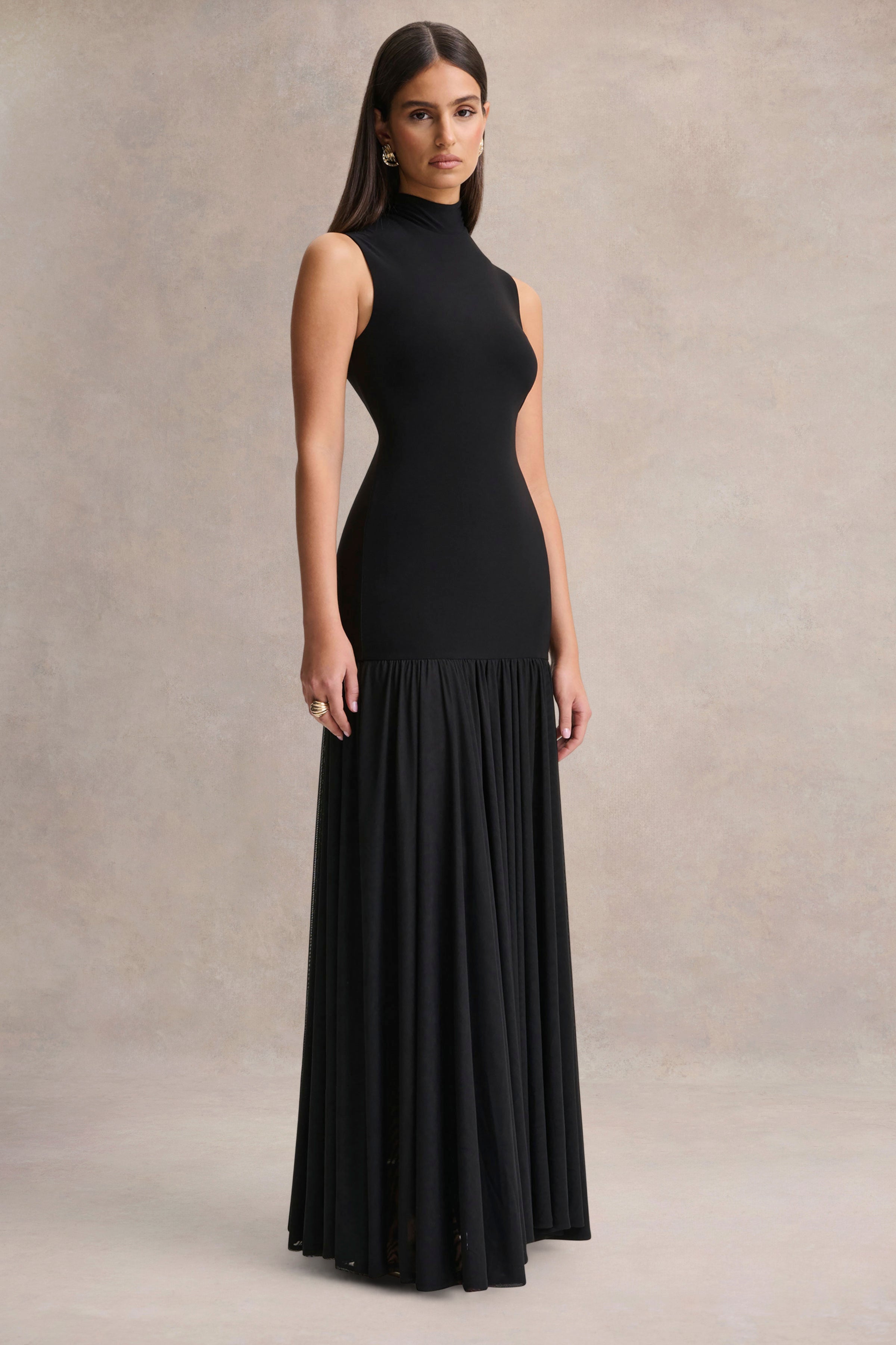 Gigi | Black High-Neck Maxi Dress With Drop-Waist And Sheer Skirt