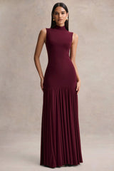 Gigi | Burgundy High-Neck Maxi Dress With Drop-Waist And Sheer Skirt
