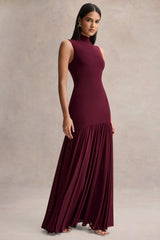 Gigi | Burgundy High-Neck Maxi Dress With Drop-Waist And Sheer Skirt