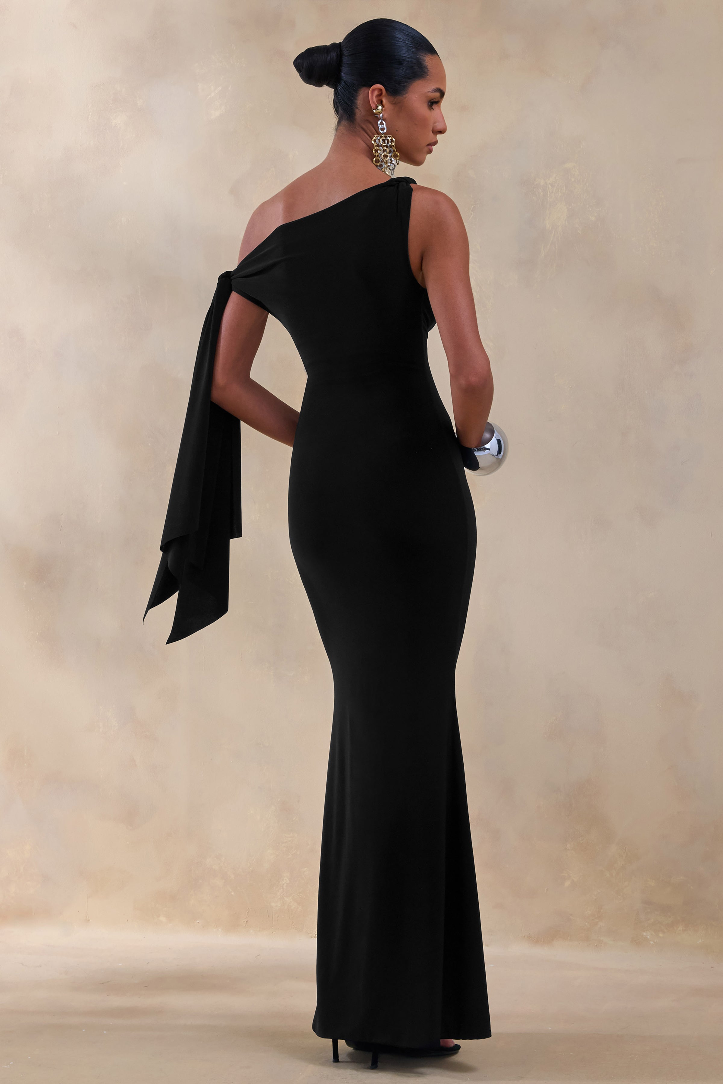 Vista | Black Asymmetric-Neck Maxi Dress With Knot-Sleeve Detail