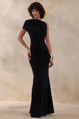 Blaire | Black Asymmetric-Neck Maxi Dress With Gold-Detailing