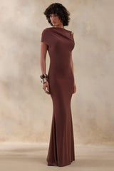 Blaire | Brown Asymmetric-Neck Maxi Dress With Gold-Detailing