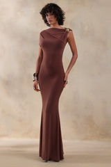 Blaire | Brown Asymmetric-Neck Maxi Dress With Gold-Detailing