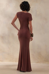 Blaire | Brown Asymmetric-Neck Maxi Dress With Gold-Detailing