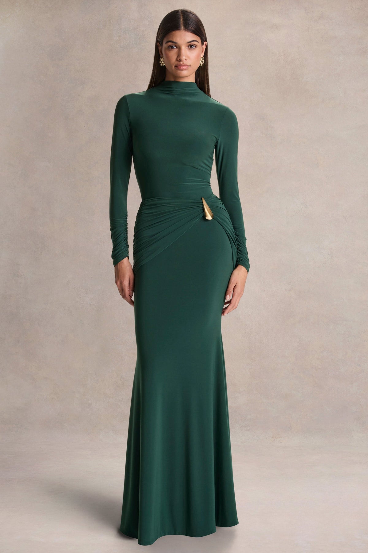 Solarium | Dark Green Long-Sleeve Maxi Dress With Gold Detail