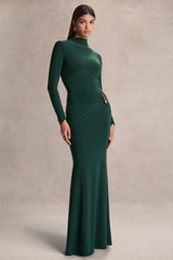 Solarium | Dark Green Long-Sleeve Maxi Dress With Gold Detail