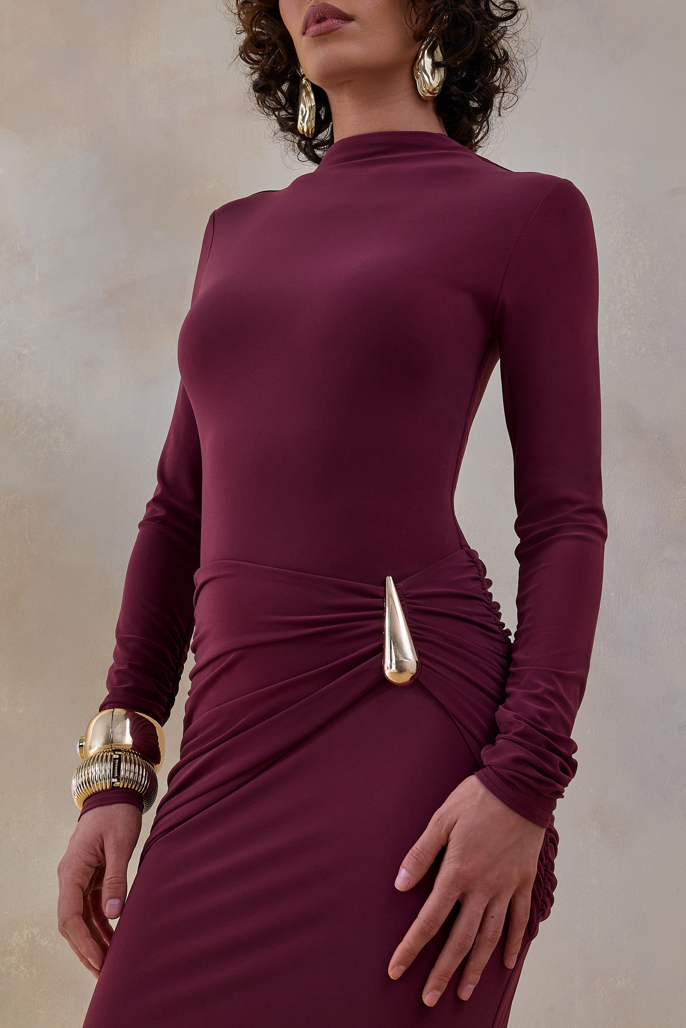 Solarium | Burgundy Long-Sleeve Maxi Dress With Gold Detail