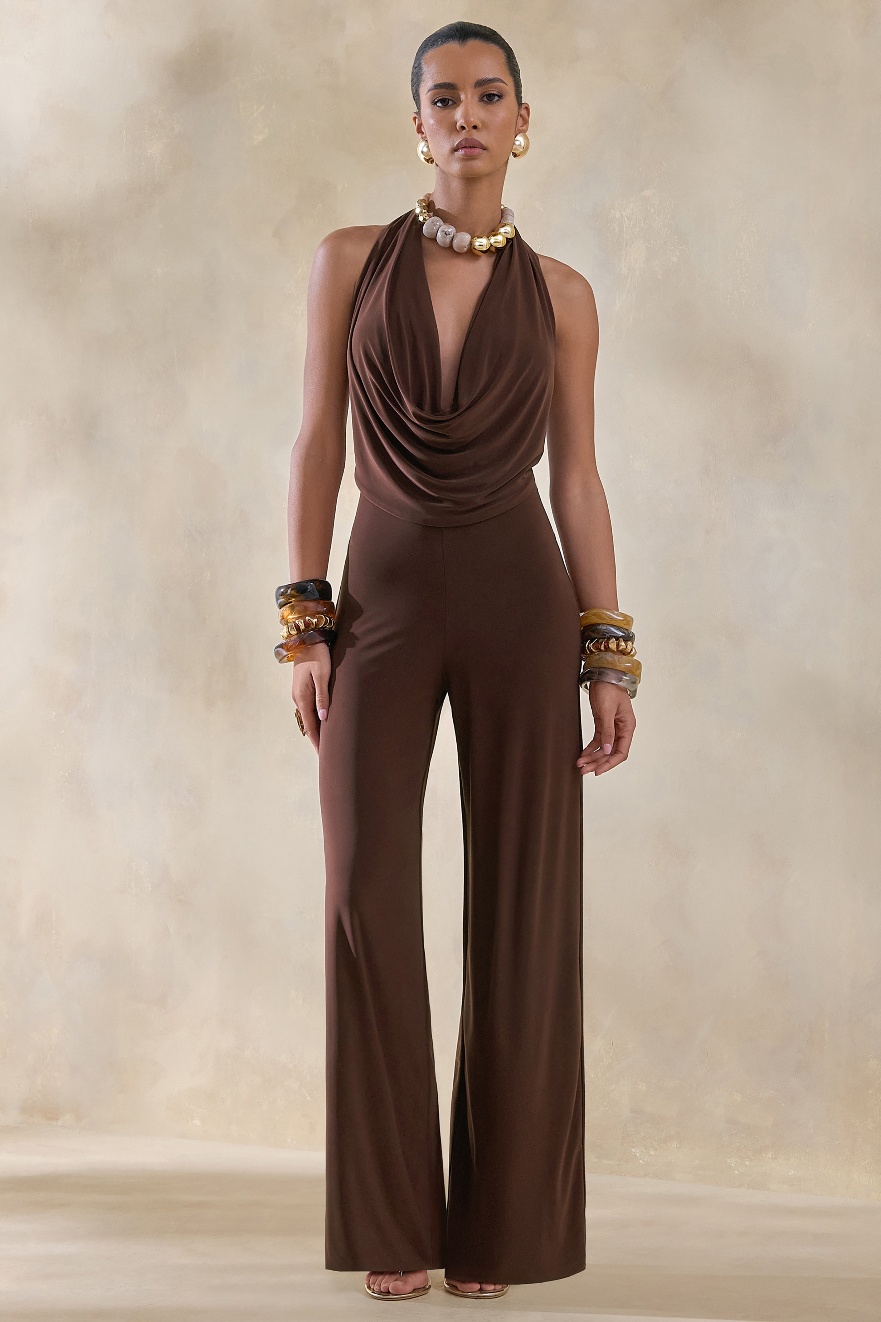 Clemence | Brown Plunge-Neck Jumpsuit