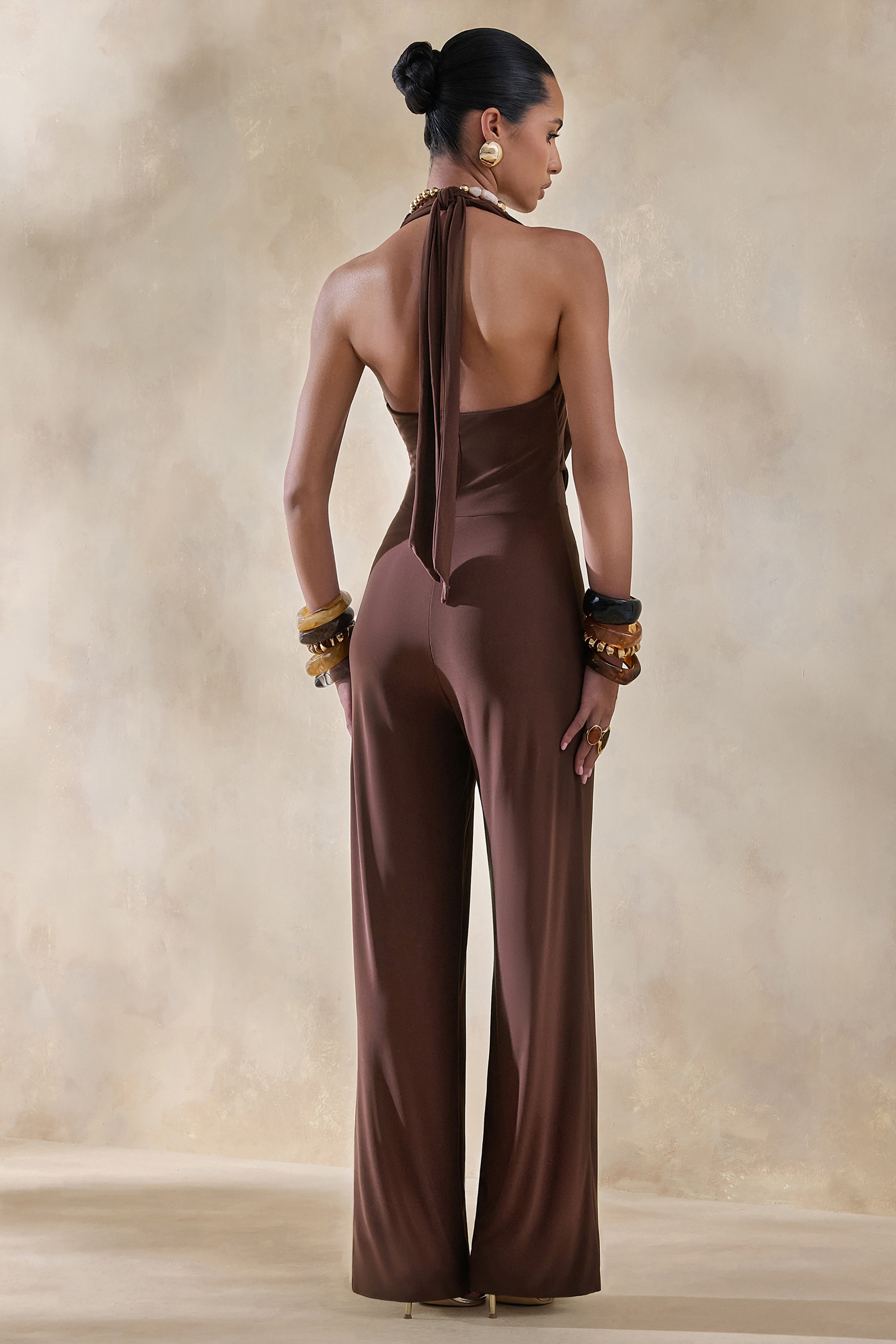 Clemence | Brown Plunge-Neck Jumpsuit