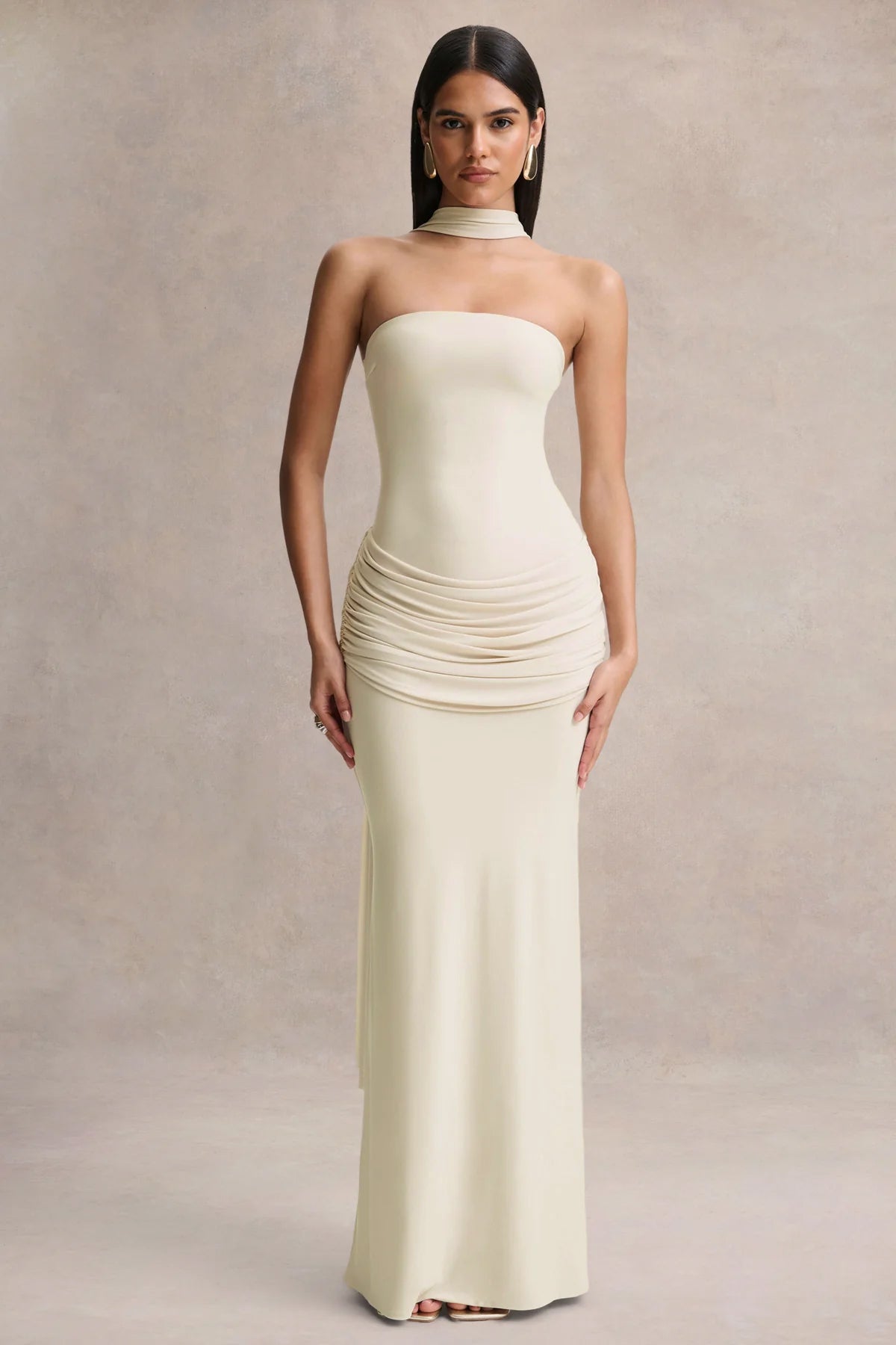 Graciella | Stone Bandeau Maxi Dress With Draped Detailing And Scarf