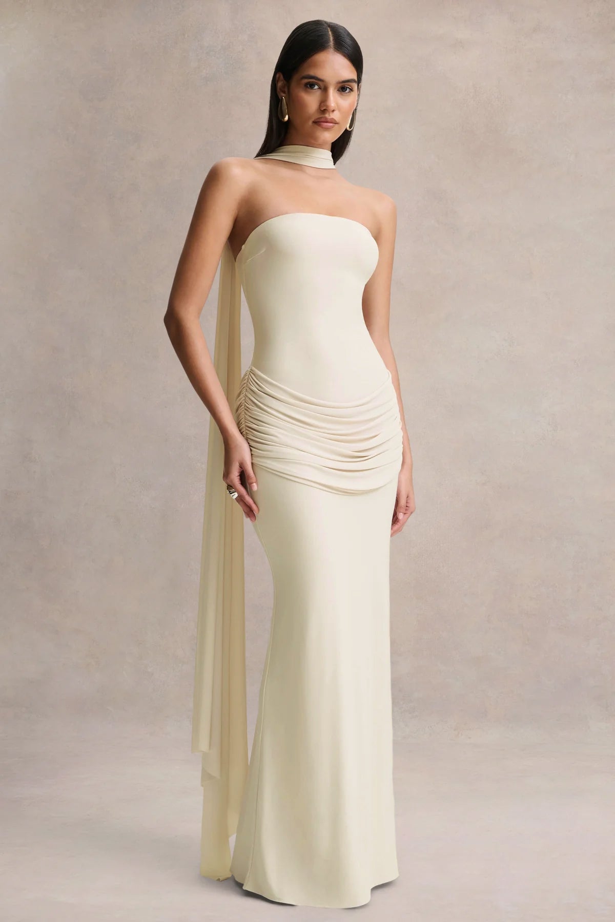Graciella | Stone Bandeau Maxi Dress With Draped Detailing And Scarf