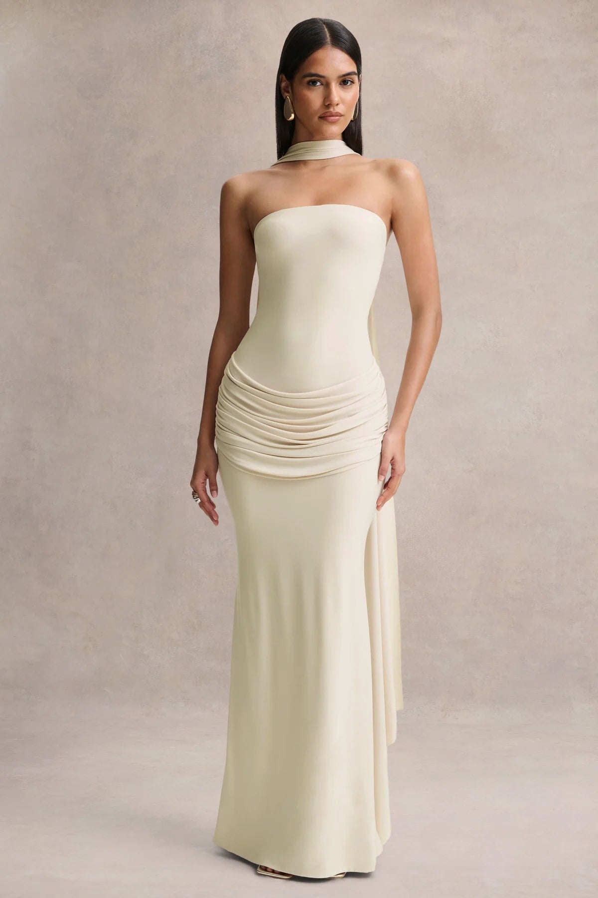 Graciella | Stone Bandeau Maxi Dress With Draped Detailing And Scarf