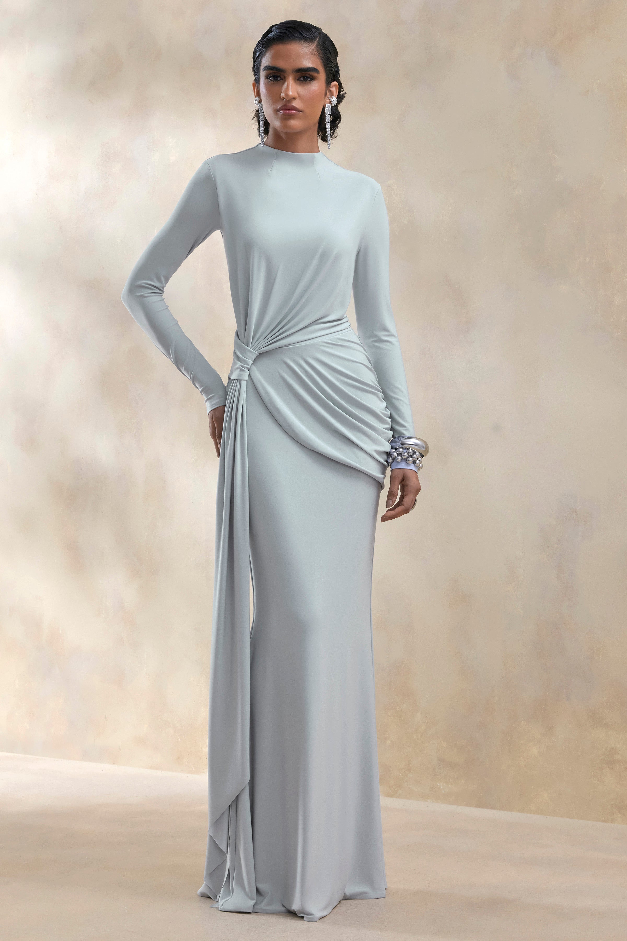 Kyrissa | Blue High-Neck Maxi Dress With Gathered-Detailing