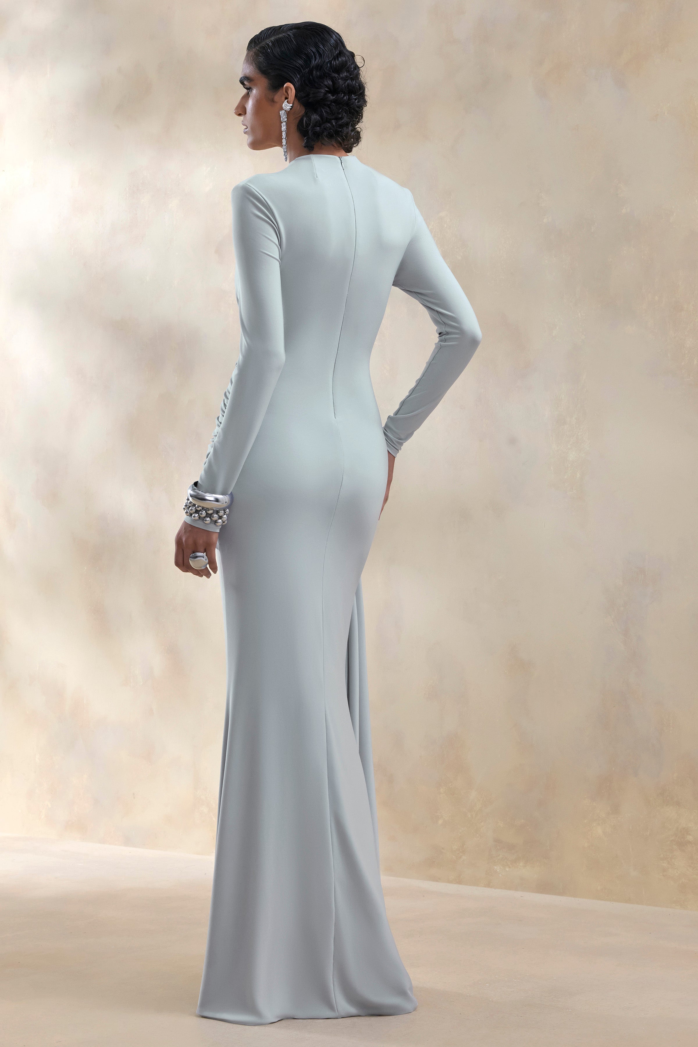 Kyrissa | Blue High-Neck Maxi Dress With Gathered-Detailing