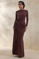 Kyrissa | Brown High-Neck Maxi Dress With Gathered-Detailing