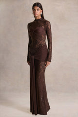 Akira | Brown Lace Maxi Dress With Sash-Detail