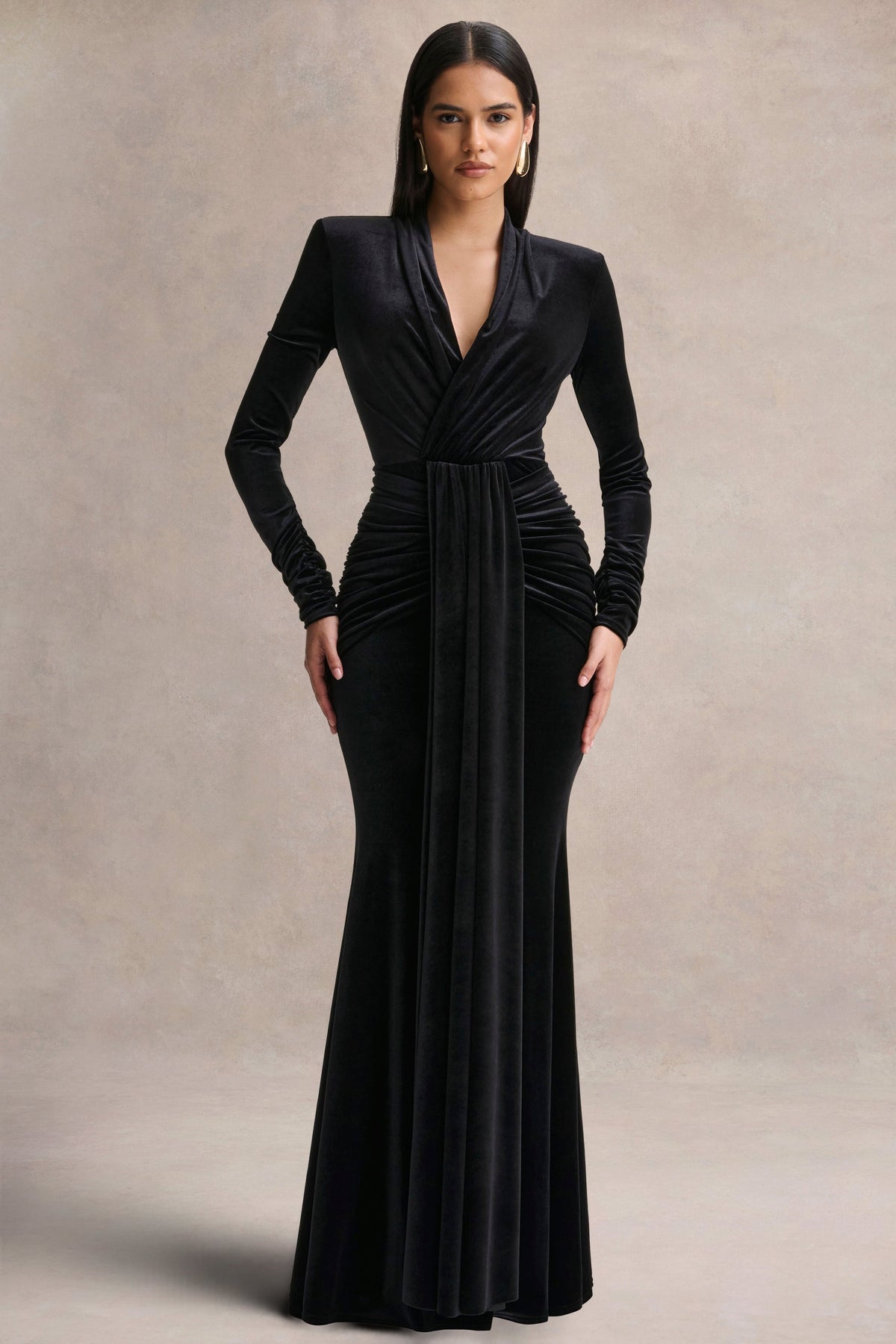 Halima | Black Velvet Plunge-Neck Maxi Dress With Gathered Detailing