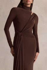Alastrina | Brown High-Neck Maxi Dress With Gathered-Detailing