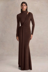 Alastrina | Brown High-Neck Maxi Dress With Gathered-Detailing