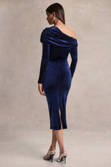 Eirene | Blue Velvet Asymmetric-Neck Midi Dress