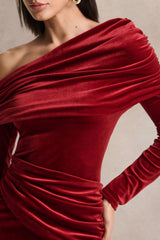 Eirene |  Red Velvet Asymmetric-Neck Midi Dress