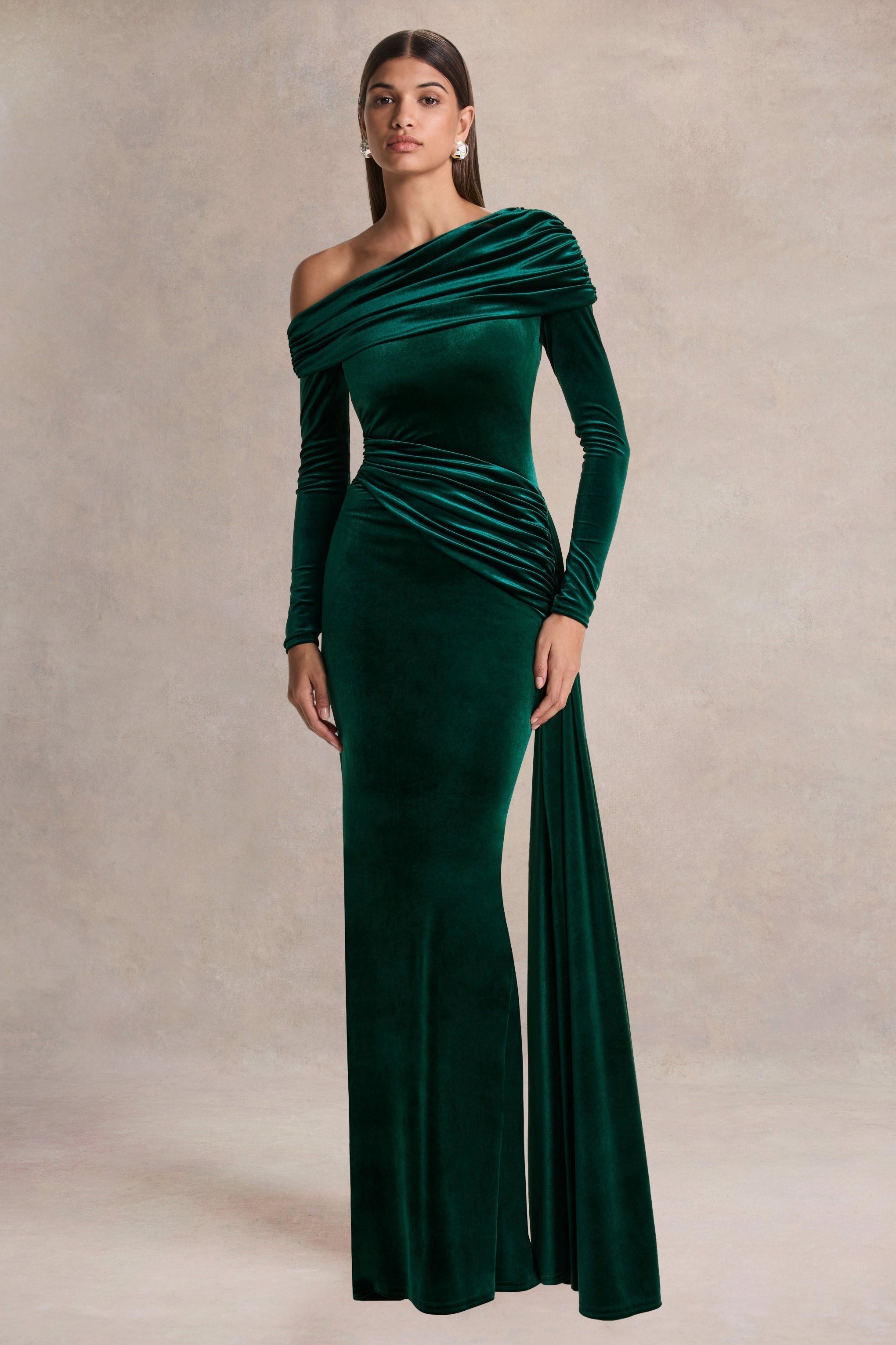 Hadria | Bottle Green Velvet Asymmetric-Neck Maxi Dress With Sash-Detail
