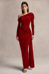 Hadria | Red Velvet Asymmetric-Neck Maxi Dress With Sash-Detail