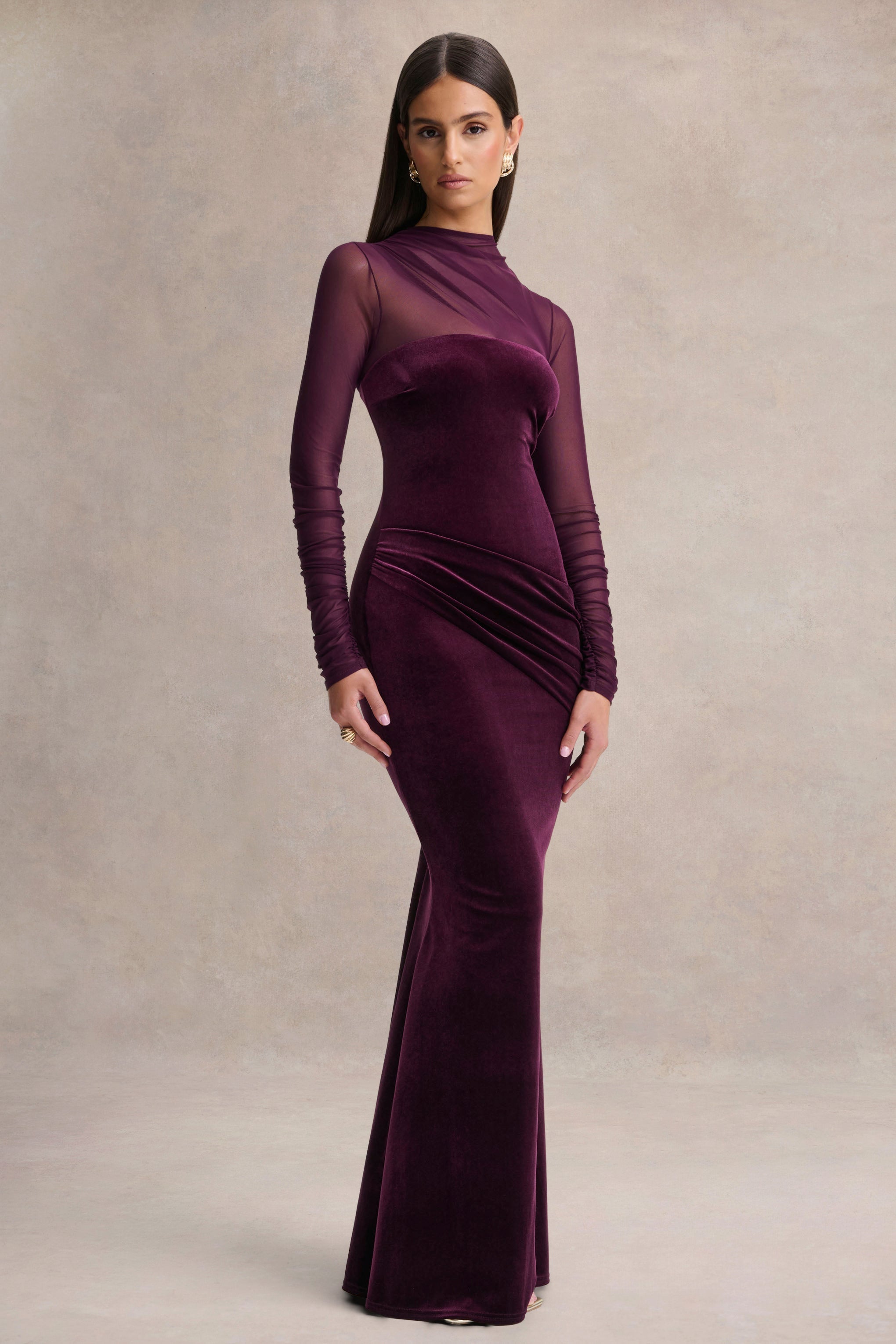 Cambria | Plum Velvet High-Neck Maxi Dress With Draped-Detailing