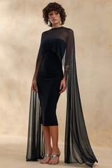 Filippa | Black Crew-Neck Midi Dress With Sheer Cape-Sleeves