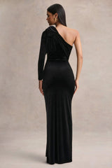 Farryn | Black Asymmetric-Neck Maxi Dress With Bow Detail