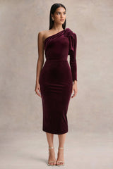 Vespera | Burgundy Velvet Asymmetric Neck Midi Dress With Bow Detail