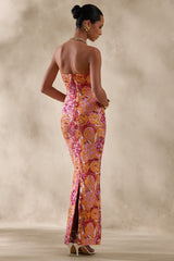 Mabel | Orange Floral Sequin Bandeau-Neck Maxi Dress