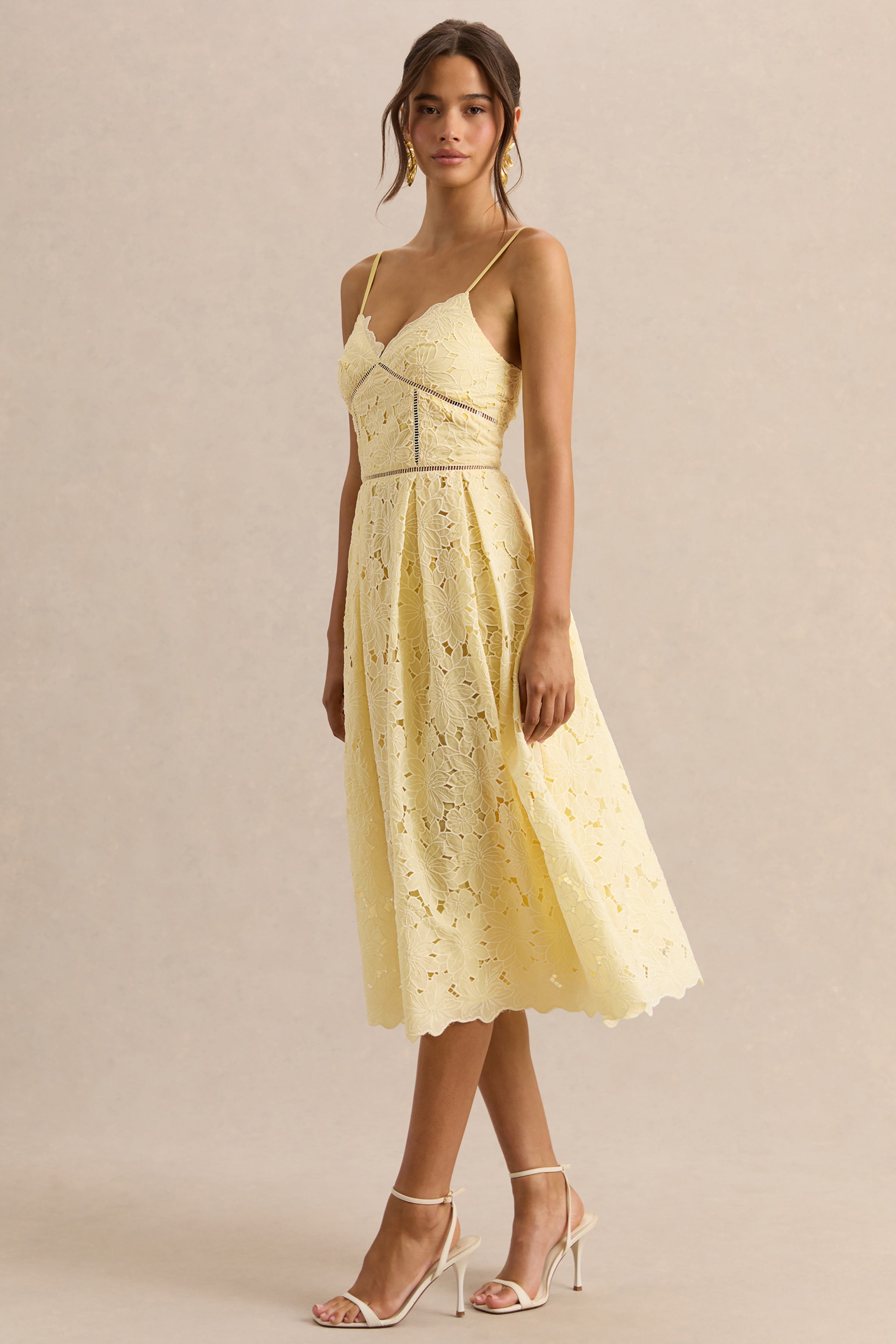 Nicoline | Lemon Lace Sweetheart Midi Dress With Cami Straps