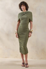 Parisia | Olive Round-Neck Midi Dress With Cape-Detail